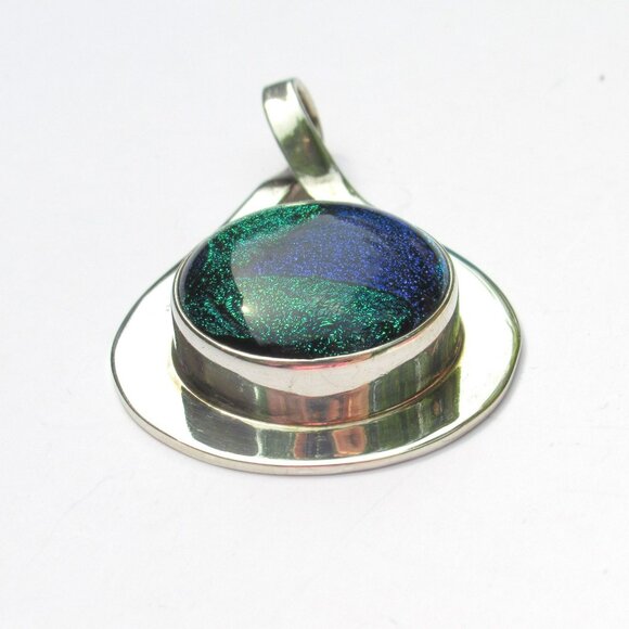 Dichroic Glass Sterling Silver Teardrop Pendant Blue & Green Handmade In Mexico - Picture 5 of 13